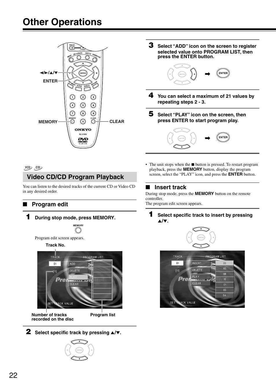 Other operations, Video cd/cd program playback | Onkyo DV-SP302 User Manual | Page 22 / 36