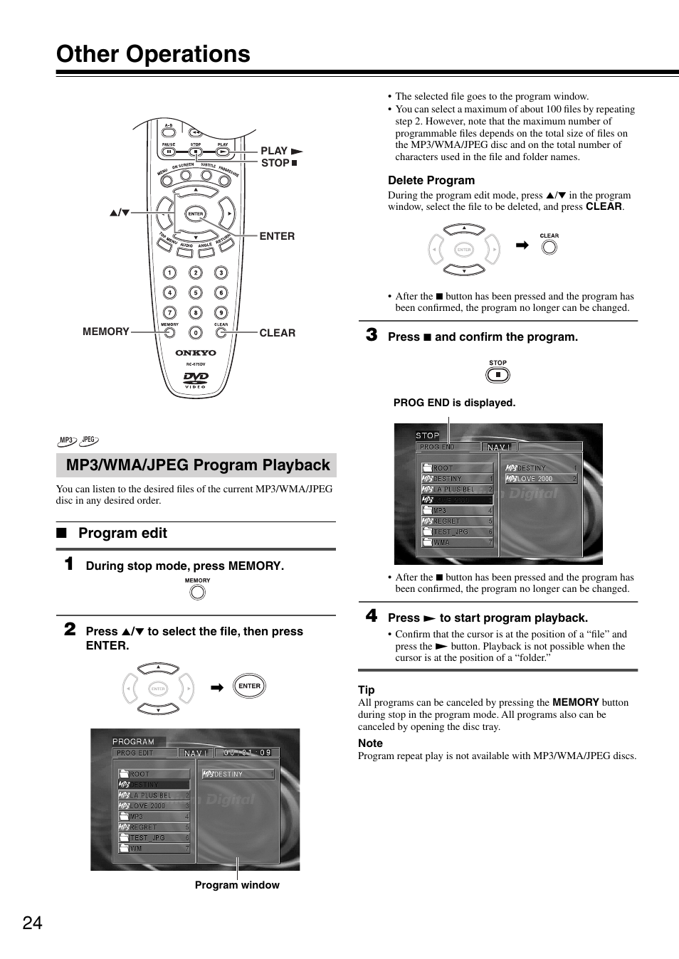 Other operations, Mp3/wma/jpeg program playback, Program edit | Onkyo DV-SP302 User Manual | Page 24 / 36