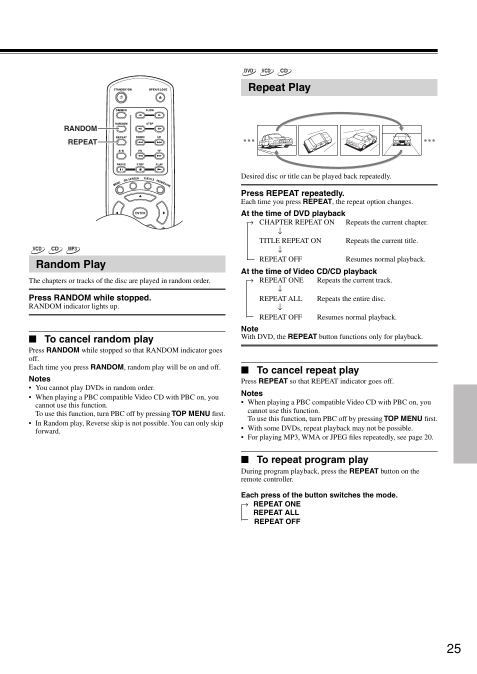 Random play, Repeat play | Onkyo DV-SP302 User Manual | Page 25 / 36