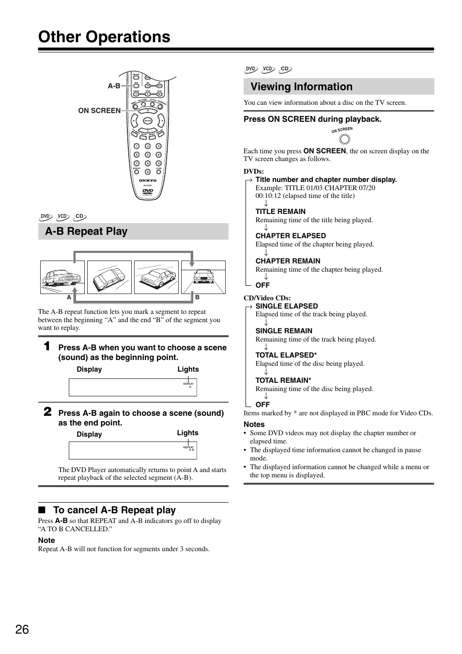 Other operations, A-b repeat play, Viewing information | Onkyo DV-SP302 User Manual | Page 26 / 36