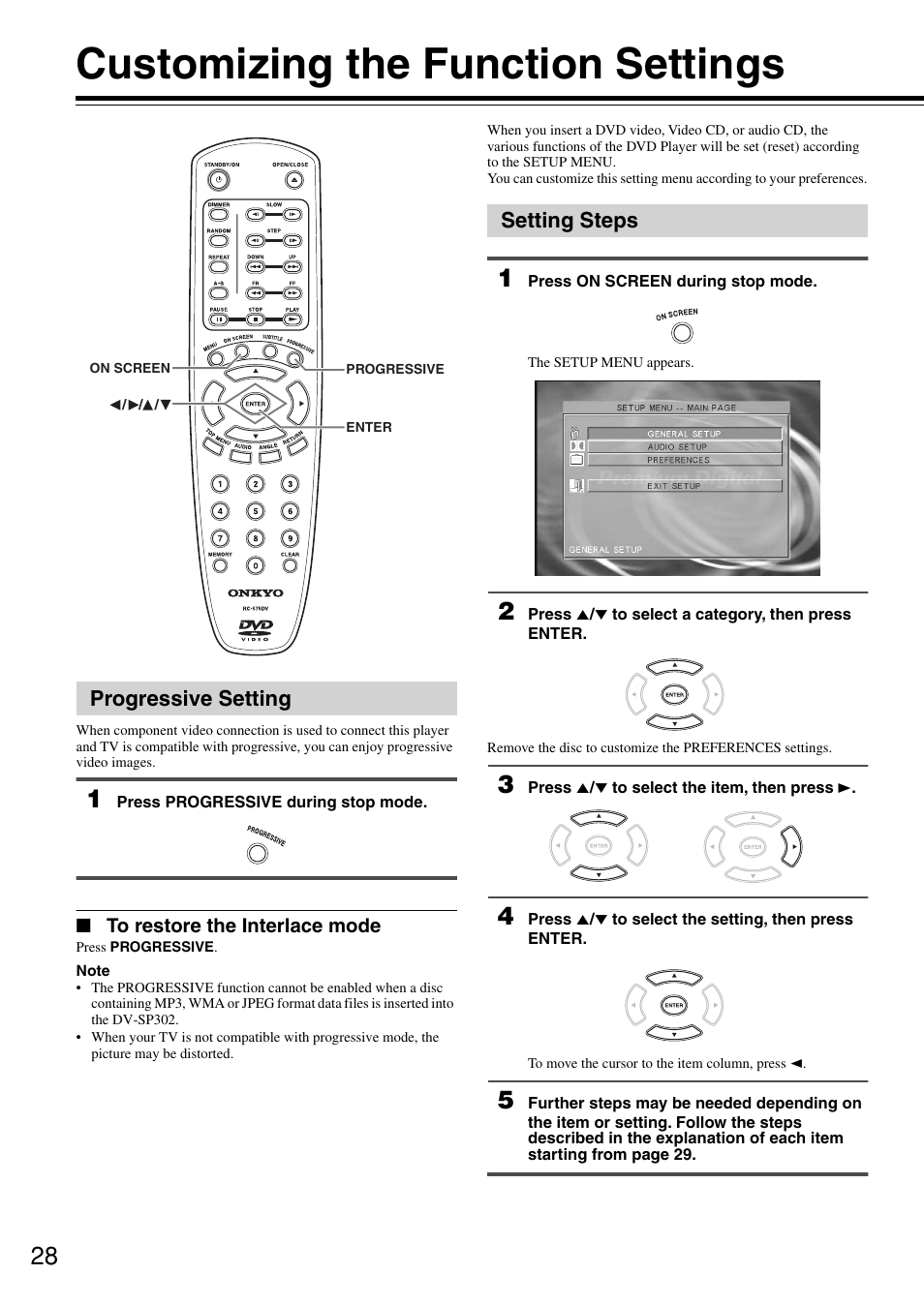 Customizing the function settings, Progressive setting, Setting steps | Onkyo DV-SP302 User Manual | Page 28 / 36