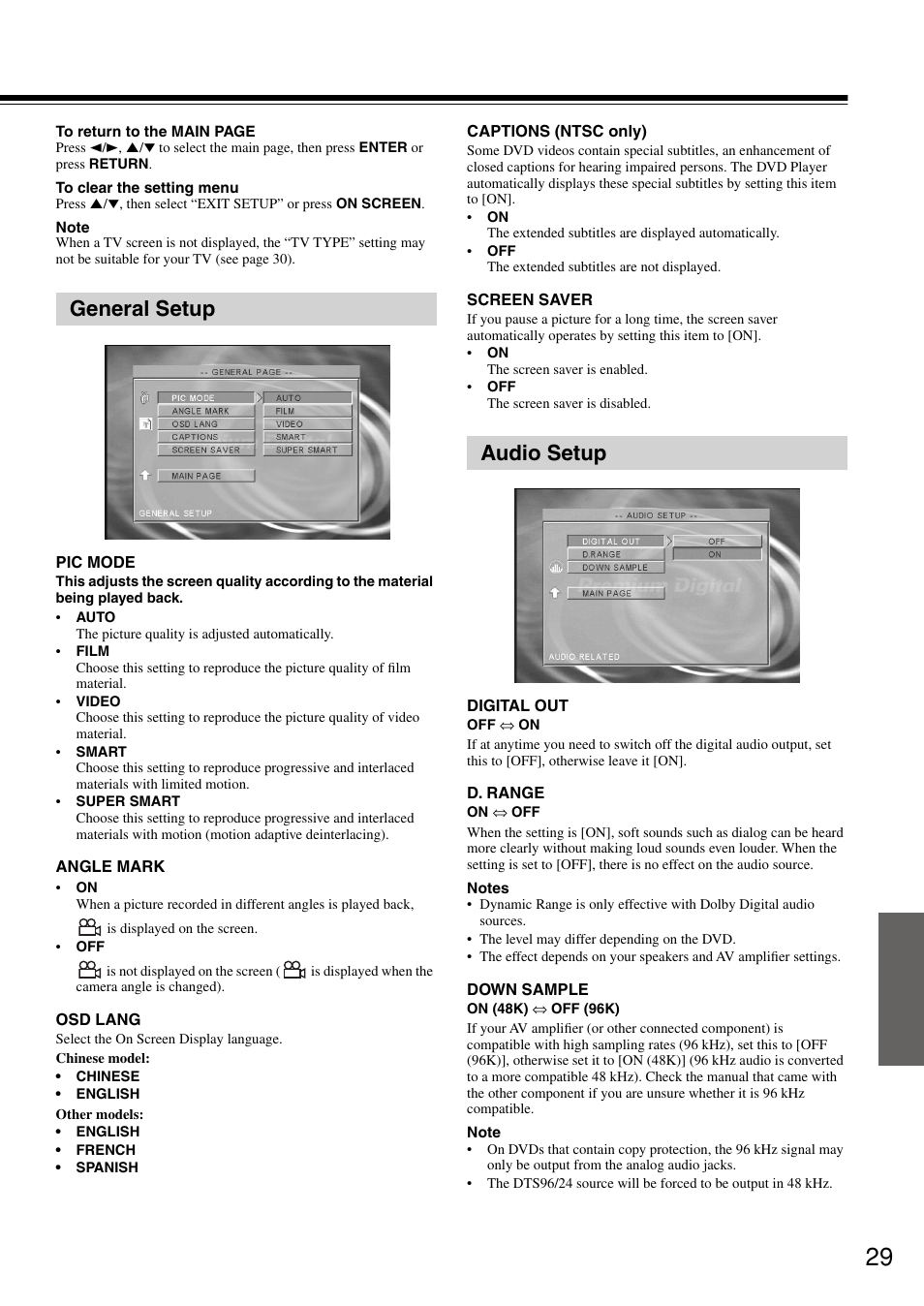 General setup audio setup | Onkyo DV-SP302 User Manual | Page 29 / 36