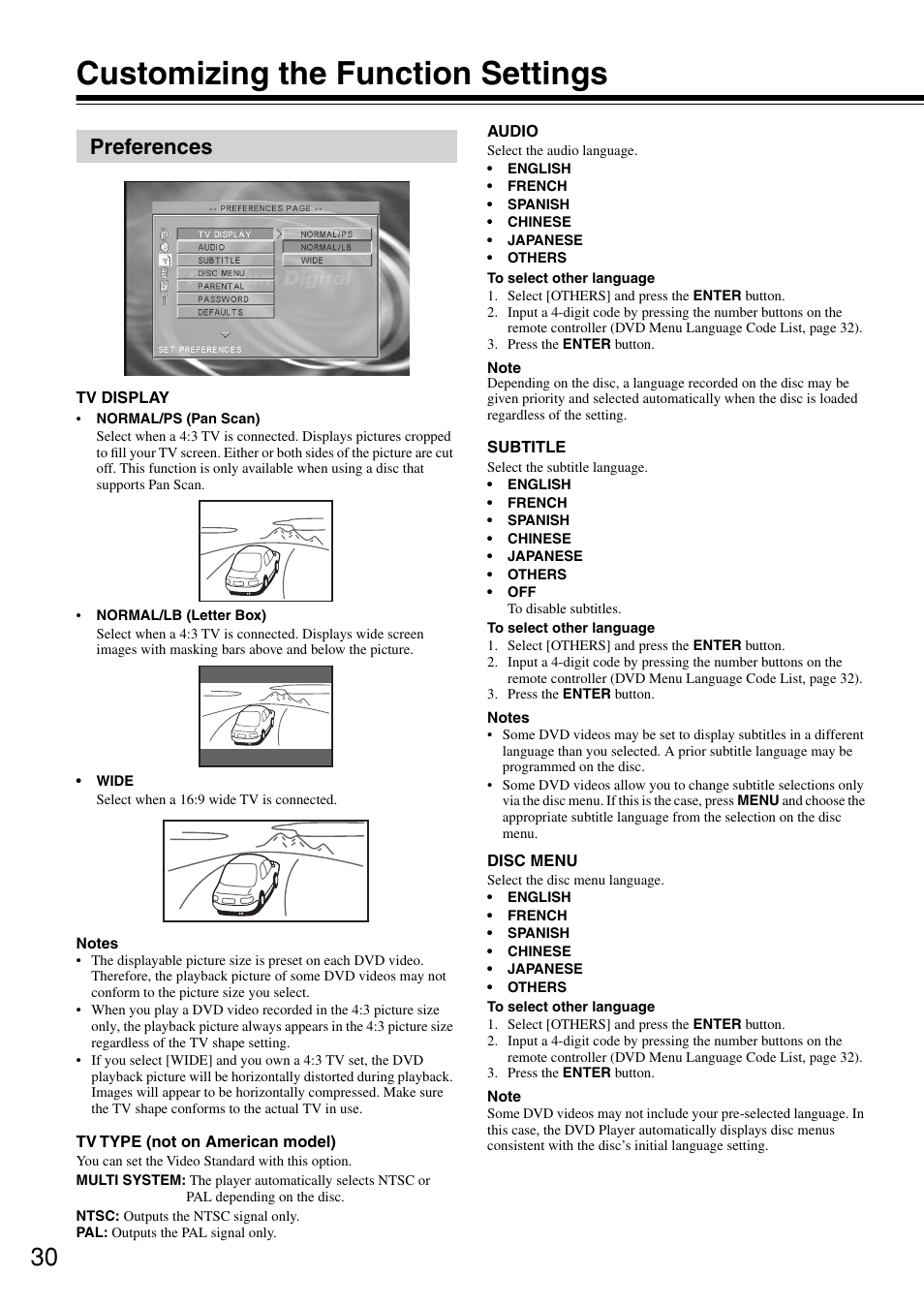 Customizing the function settings, Preferences | Onkyo DV-SP302 User Manual | Page 30 / 36