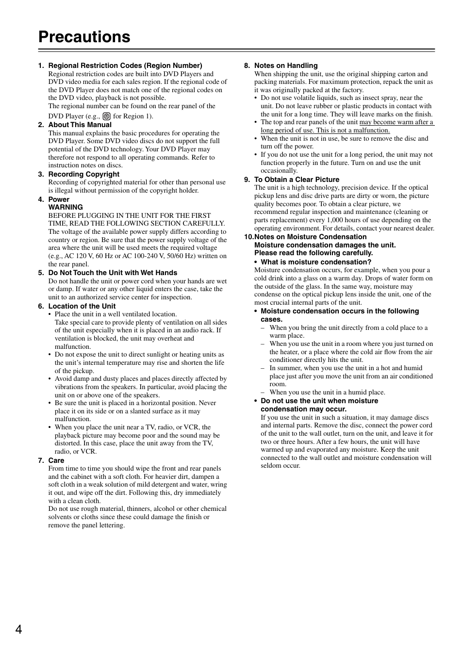 Precautions | Onkyo DV-SP302 User Manual | Page 4 / 36