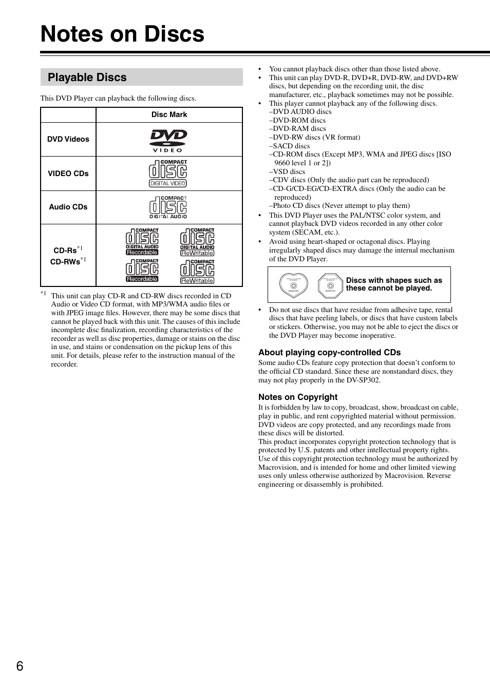 Playable discs | Onkyo DV-SP302 User Manual | Page 6 / 36