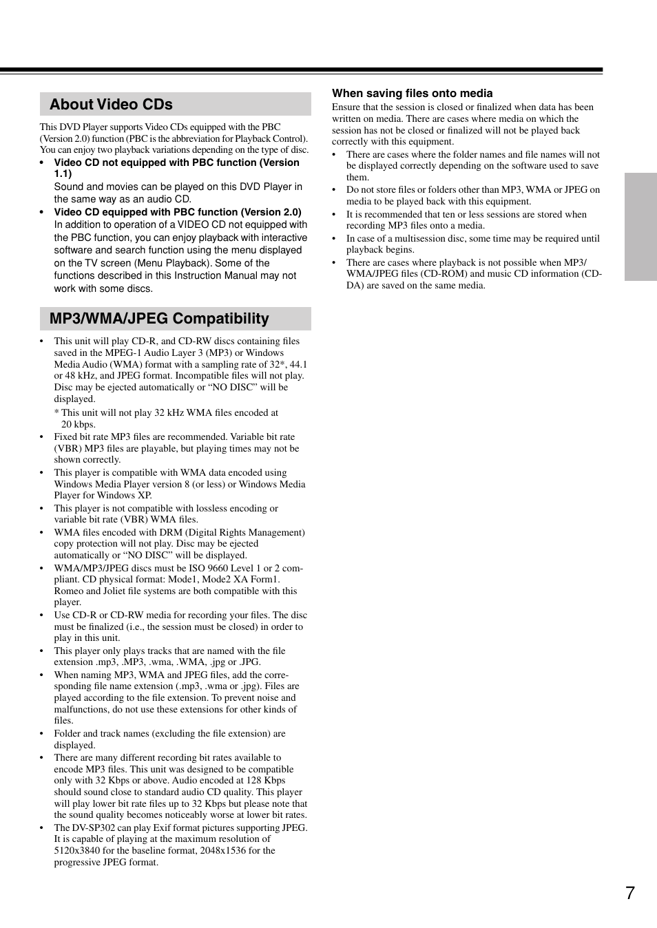 About video cds mp3/wma/jpeg compatibility | Onkyo DV-SP302 User Manual | Page 7 / 36