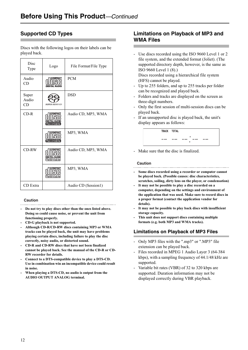 Before using this product, Continued, Supported cd types | Limitations on playback of mp3 and wma files | Onkyo C-S5VL User Manual | Page 12 / 36