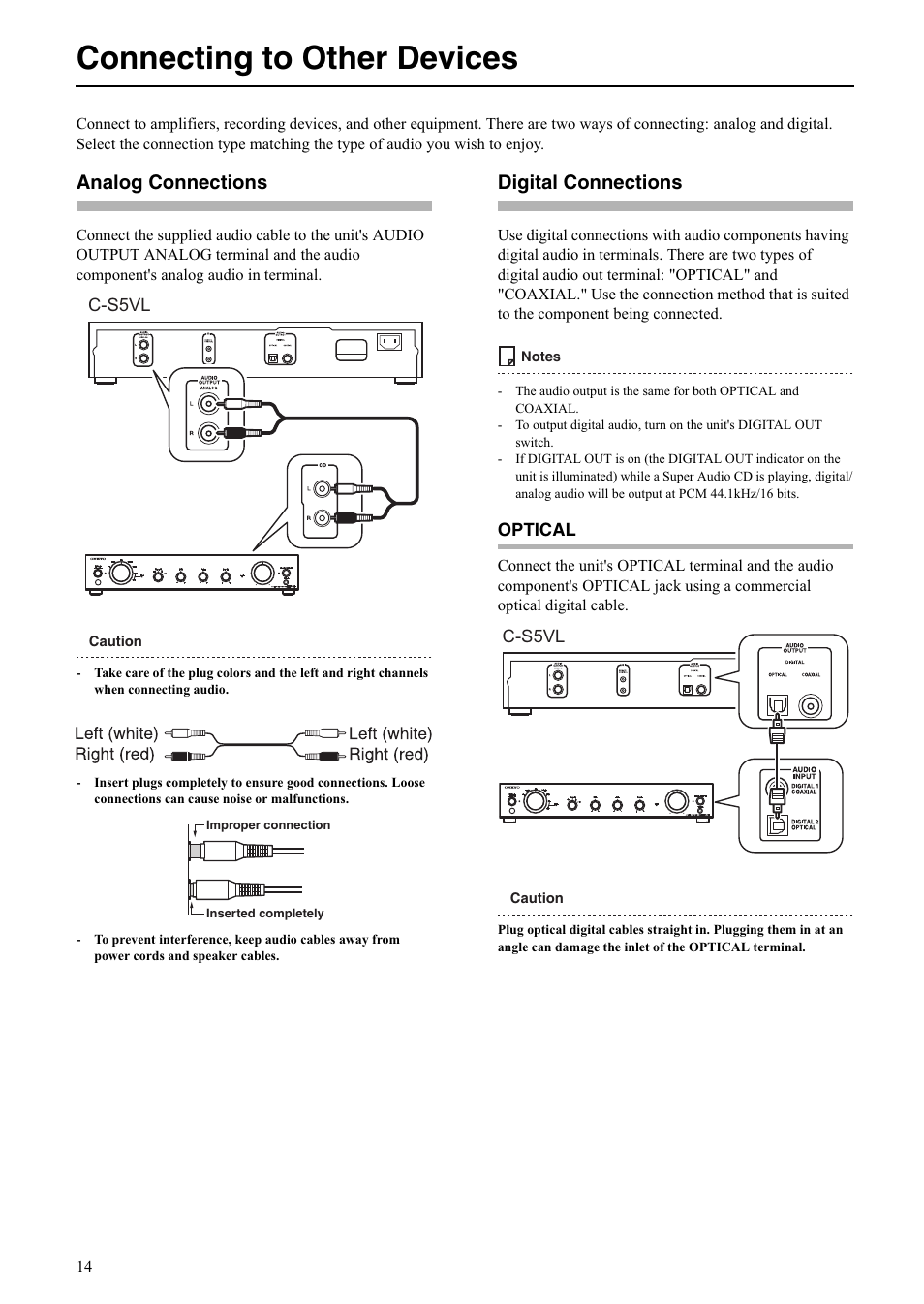 Connecting to other devices, Analog connections, Digital connections | Onkyo C-S5VL User Manual | Page 14 / 36