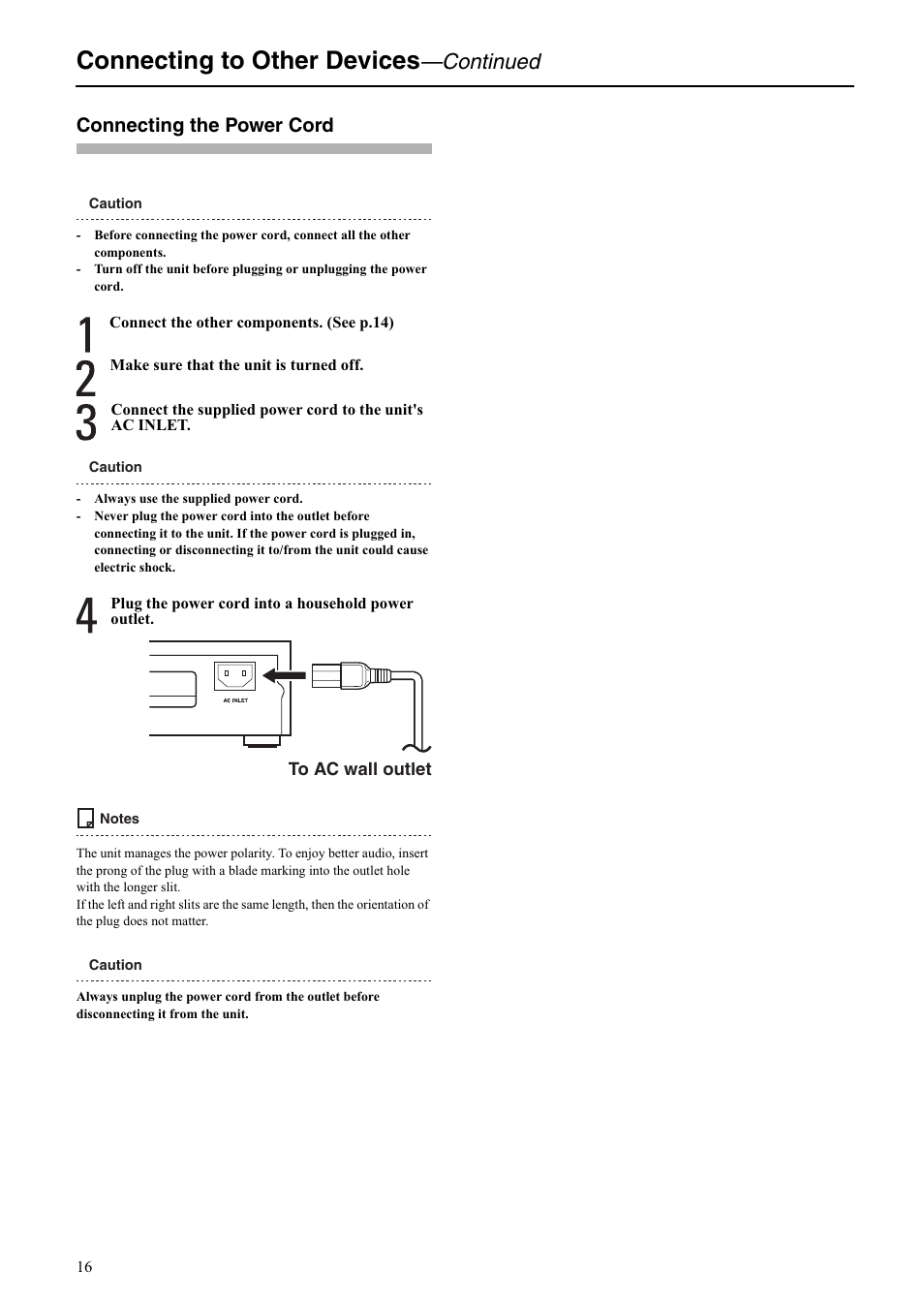 Connecting to other devices, Continued, Connecting the power cord | Onkyo C-S5VL User Manual | Page 16 / 36