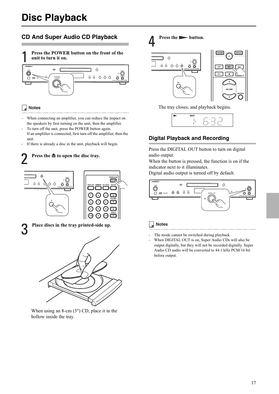 Disc playback, Cd and super audio cd playback | Onkyo C-S5VL User Manual | Page 17 / 36