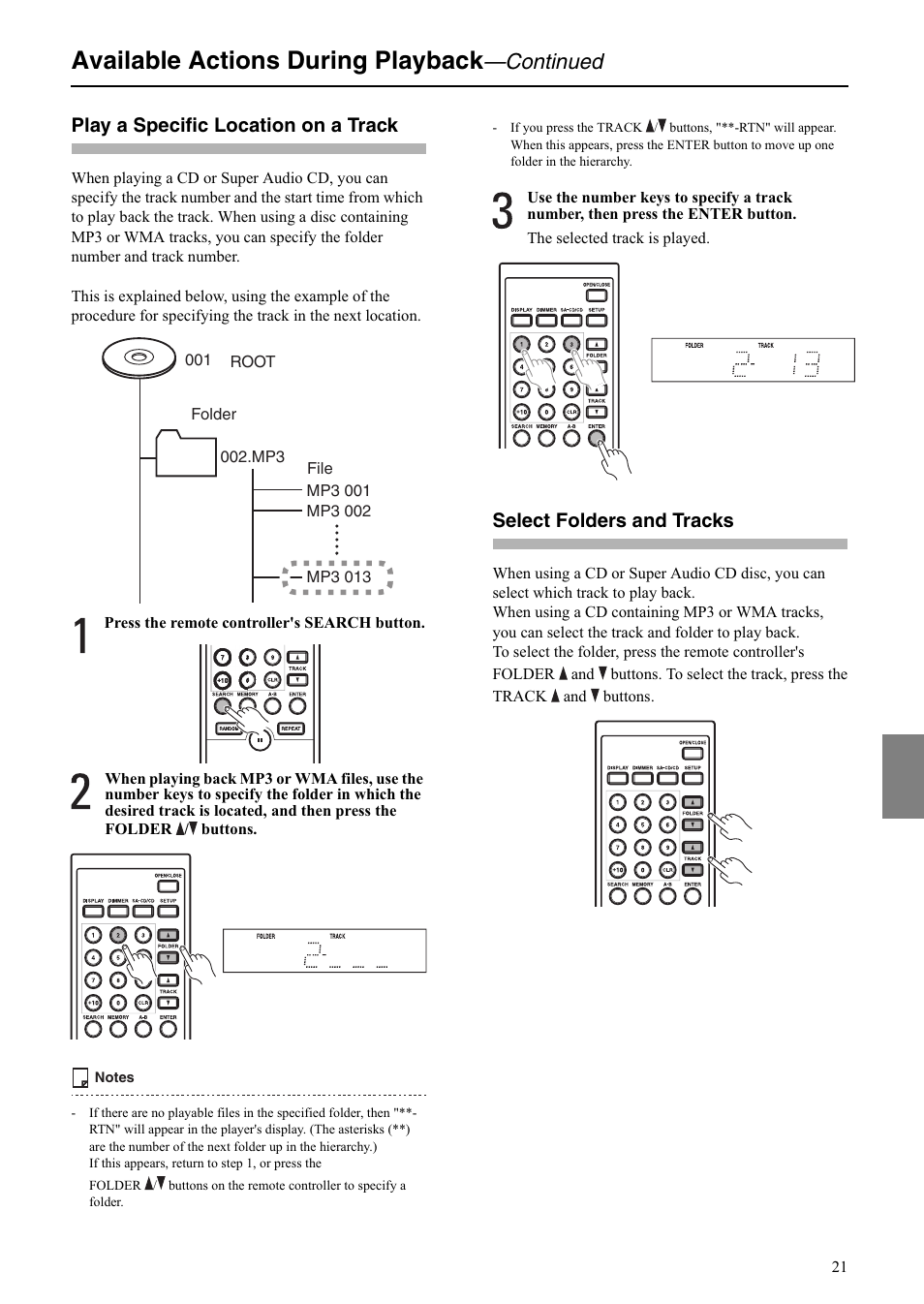 Available actions during playback, Continued, Play a specific location on a track | Select folders and tracks | Onkyo C-S5VL User Manual | Page 21 / 36