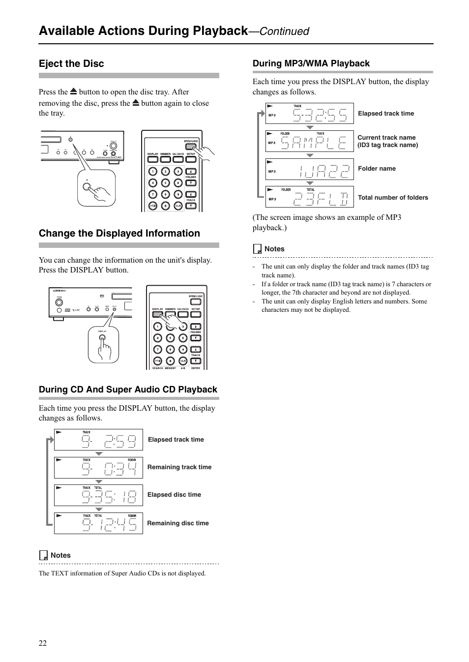 Available actions during playback, Continued, Eject the disc | Change the displayed information | Onkyo C-S5VL User Manual | Page 22 / 36