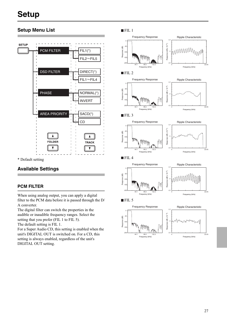 Setup, Setup menu list, Available settings | Pcm filter, Default setting | Onkyo C-S5VL User Manual | Page 27 / 36