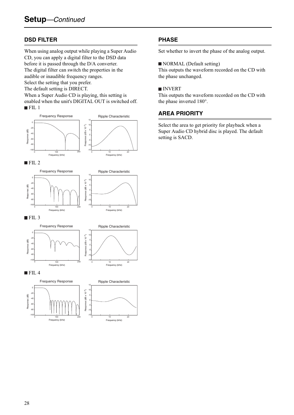 Setup, Continued, Dsd filter | Phase, Area priority | Onkyo C-S5VL User Manual | Page 28 / 36