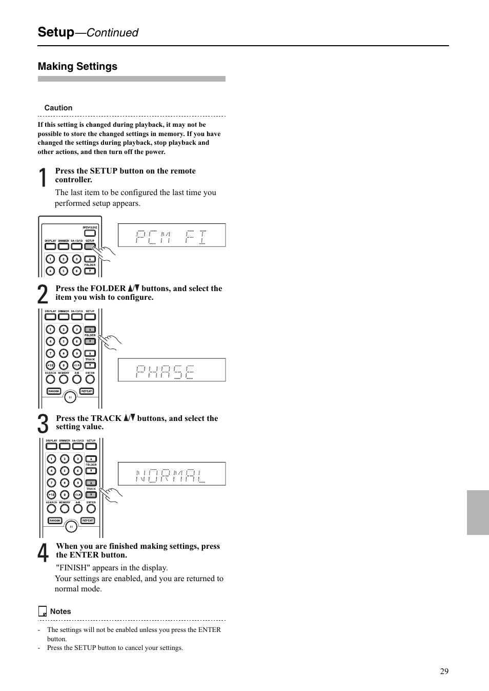 Setup, Continued, Making settings | Onkyo C-S5VL User Manual | Page 29 / 36