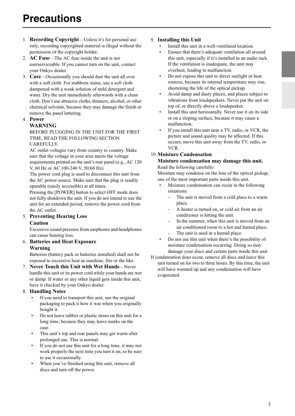 Precautions | Onkyo C-S5VL User Manual | Page 3 / 36