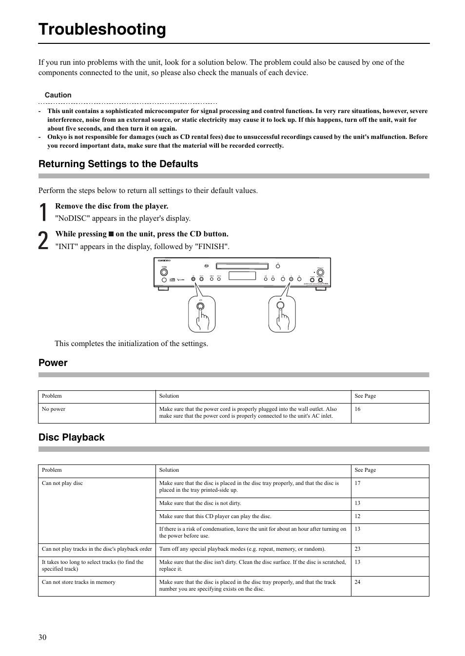 Troubleshooting, Returning settings to the defaults, Power disc playback | Onkyo C-S5VL User Manual | Page 30 / 36