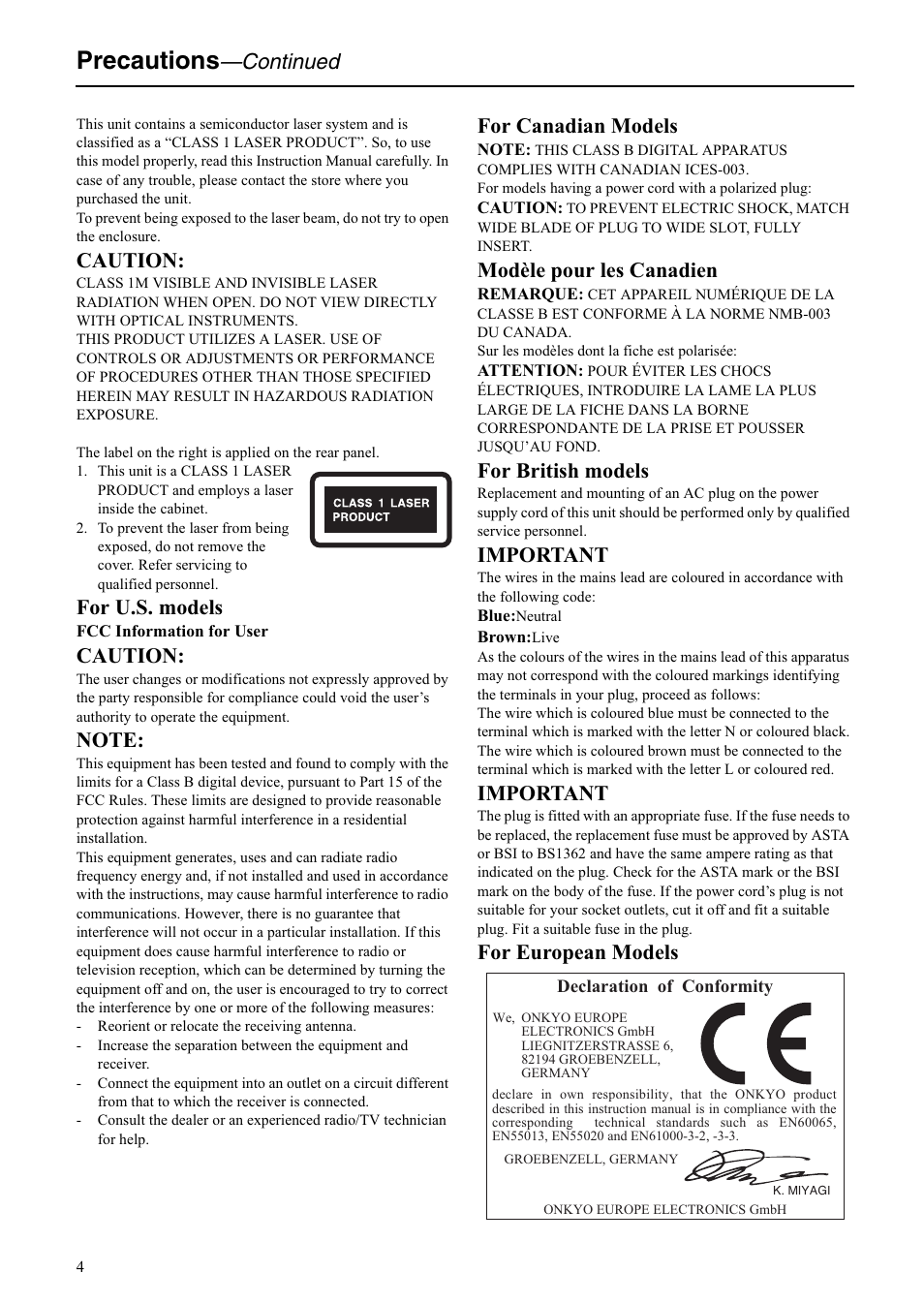 Precautions, Continued, Caution | For u.s. models, For canadian models, Modèle pour les canadien, For british models, Important, For european models | Onkyo C-S5VL User Manual | Page 4 / 36