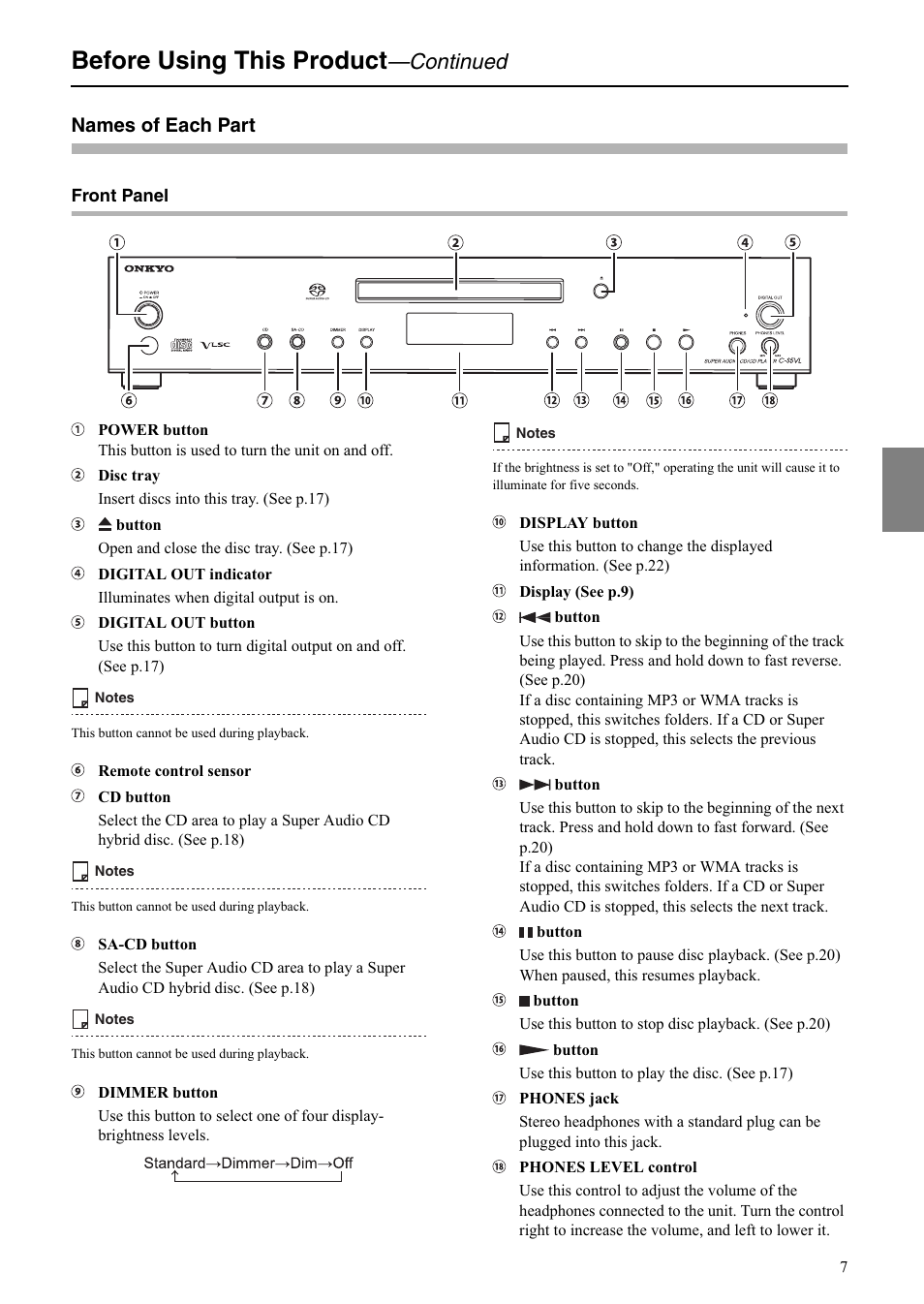 Before using this product, Continued, Names of each part | Onkyo C-S5VL User Manual | Page 7 / 36