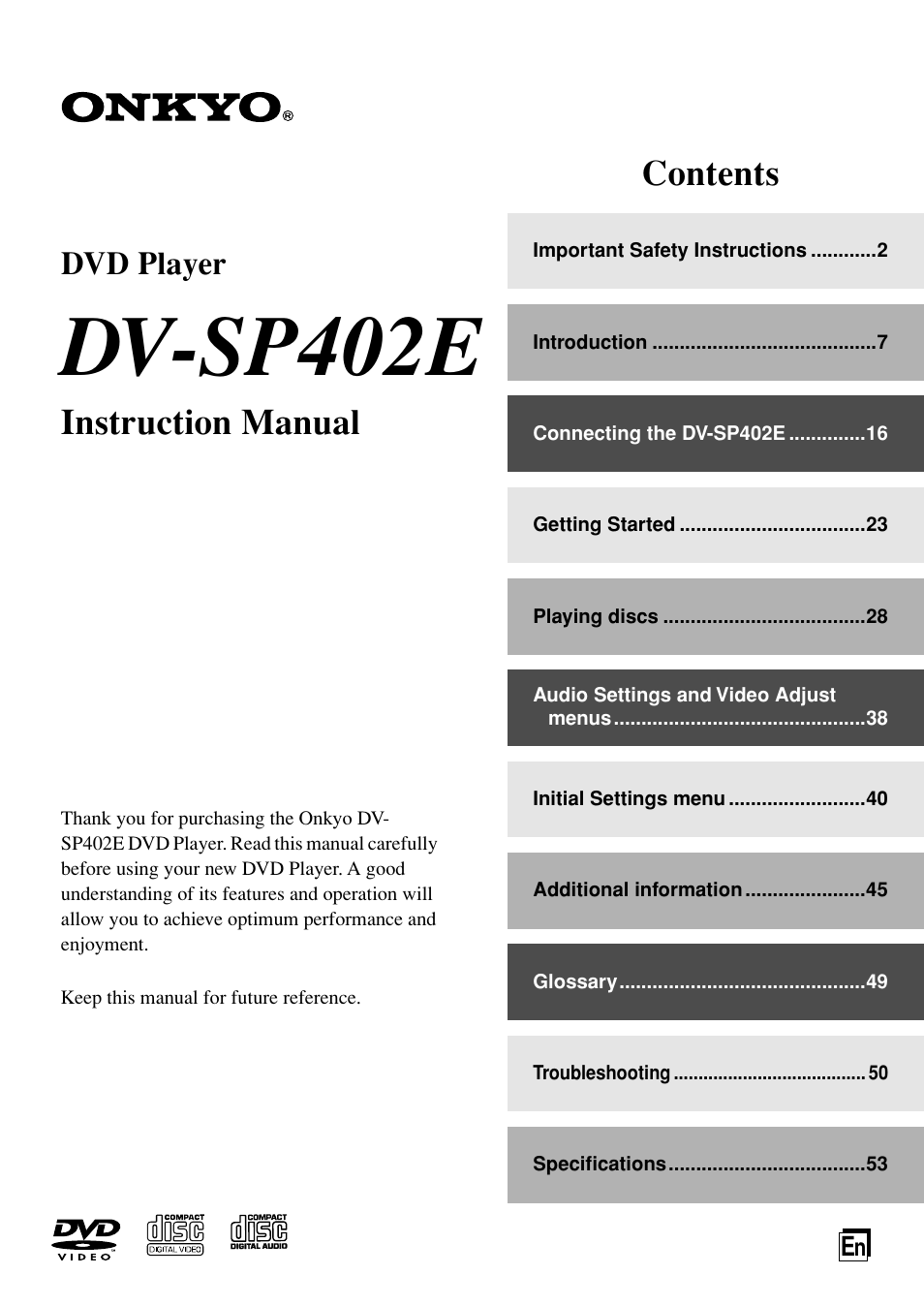 Onkyo DV-SP402E User Manual | 56 pages