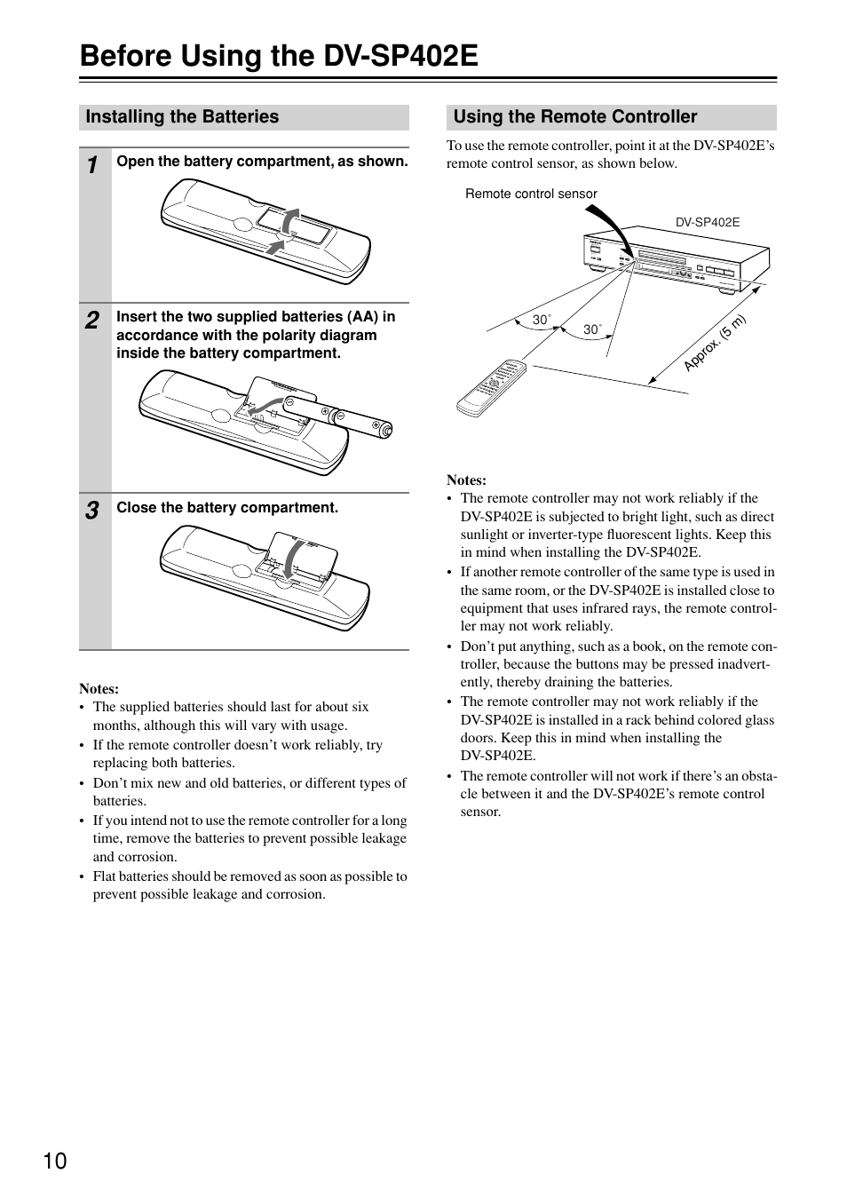 Before using the dvsp402e, Installing the batteries, Using the remote controller | Before using the dv-sp402e | Onkyo DV-SP402E User Manual | Page 10 / 56