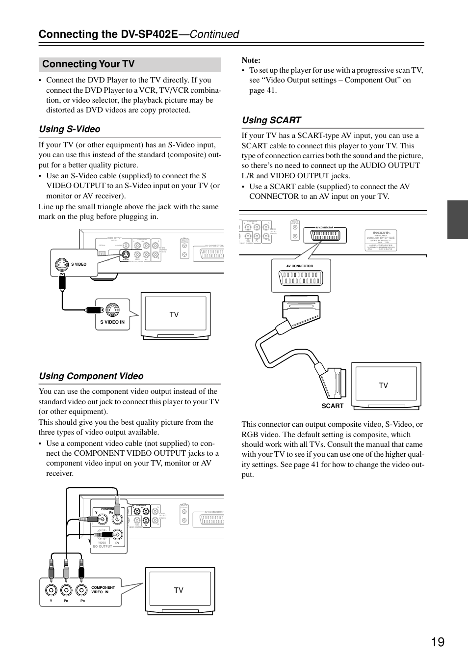 Connecting your tv, Video output [19, Or [19 | Connecting the dv-sp402e —continued, Using s-video, Using component video, Using scart, Scart | Onkyo DV-SP402E User Manual | Page 19 / 56
