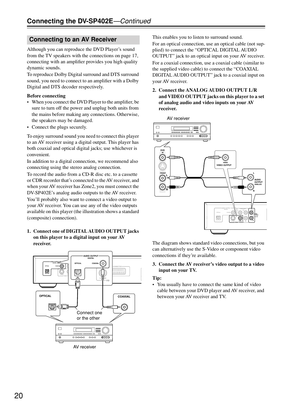 Connecting to an av receiver, Udio output [20, Connecting the dv-sp402e —continued | Av receiver connect one or the other, Av receiver | Onkyo DV-SP402E User Manual | Page 20 / 56