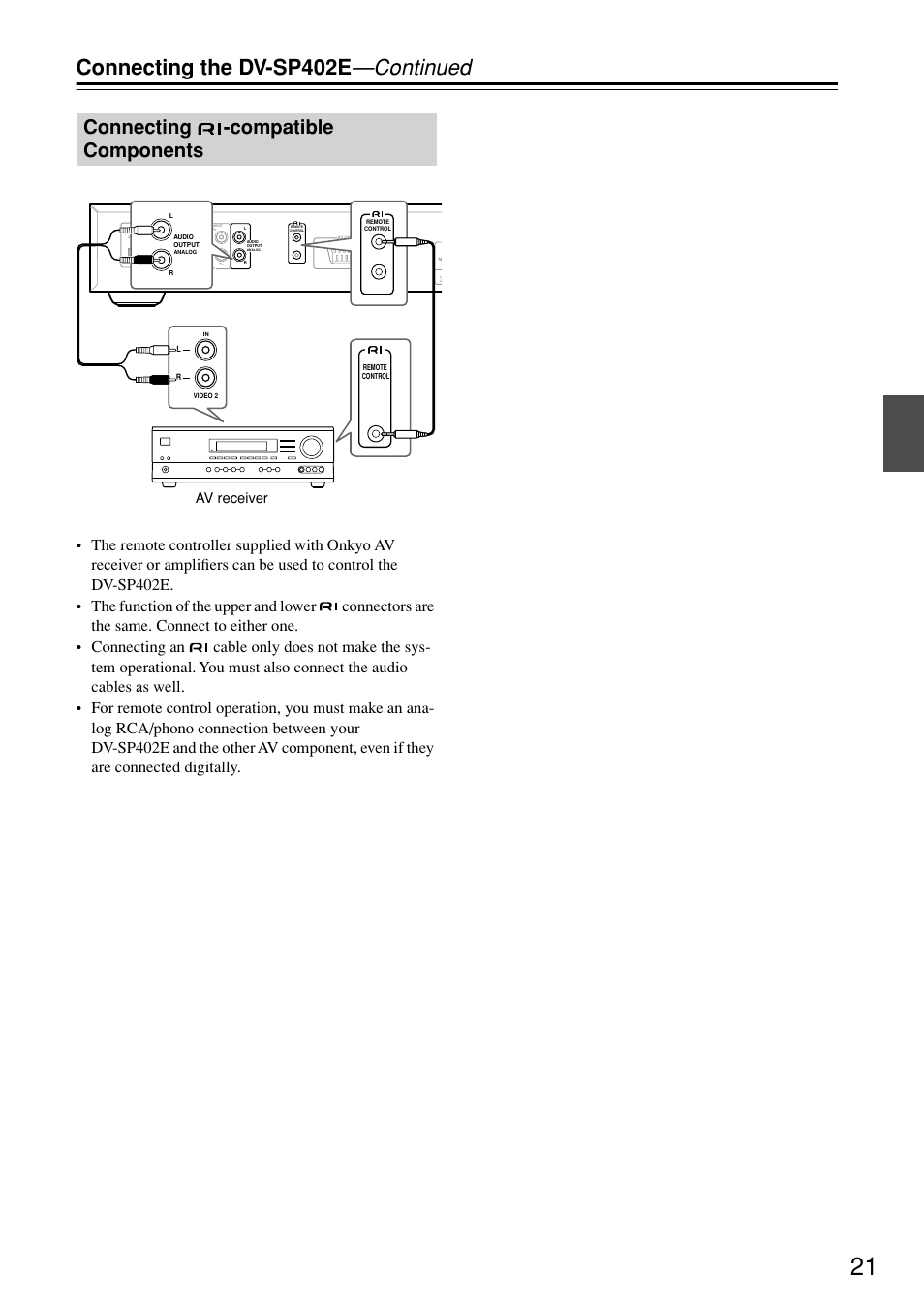 Connecting -compatible components, Connecting -compatible, Components | K [21, Connecting the dv-sp402e —continued, Av receiver | Onkyo DV-SP402E User Manual | Page 21 / 56