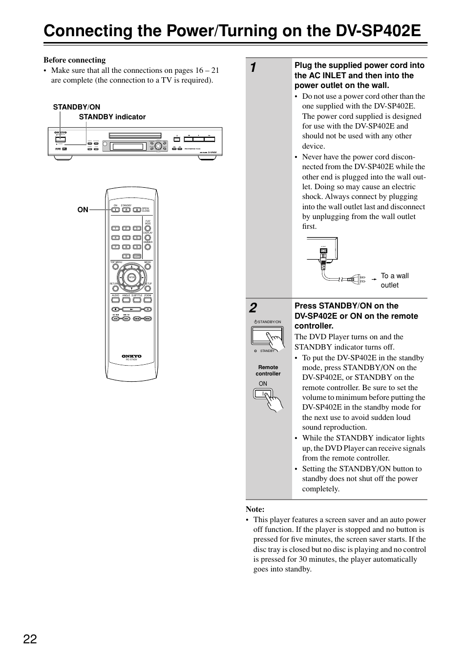 Connecting the power/turning on the dvsp402e, Connecting the power/turning on, The dv-sp402e | Utton [22, Andby indicator [22, Inlet [22, Connecting the power/turning on the dv-sp402e, Pu sh to ente r, Standby/on standby indicator | Onkyo DV-SP402E User Manual | Page 22 / 56