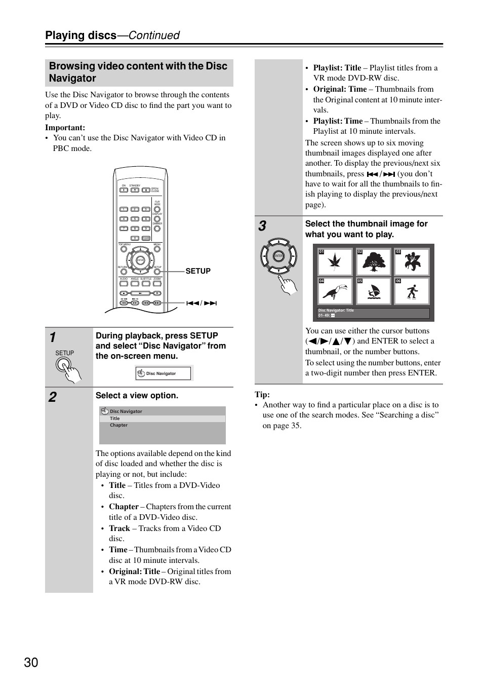Browsing video content with the disc navigator, Browsing video content with the, Disc navigator | Playing discs —continued | Onkyo DV-SP402E User Manual | Page 30 / 56