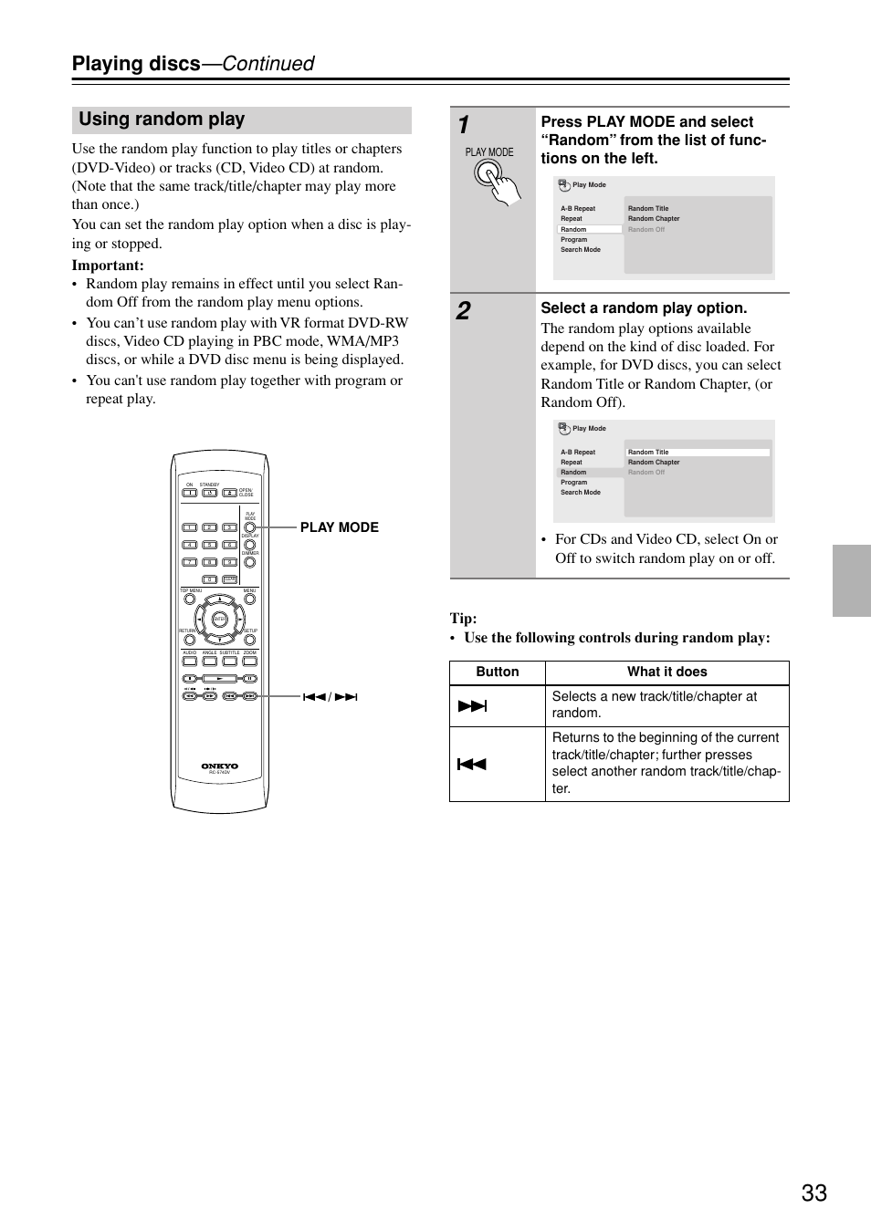 Using random play, Playing discs —continued, Play mode | Onkyo DV-SP402E User Manual | Page 33 / 56