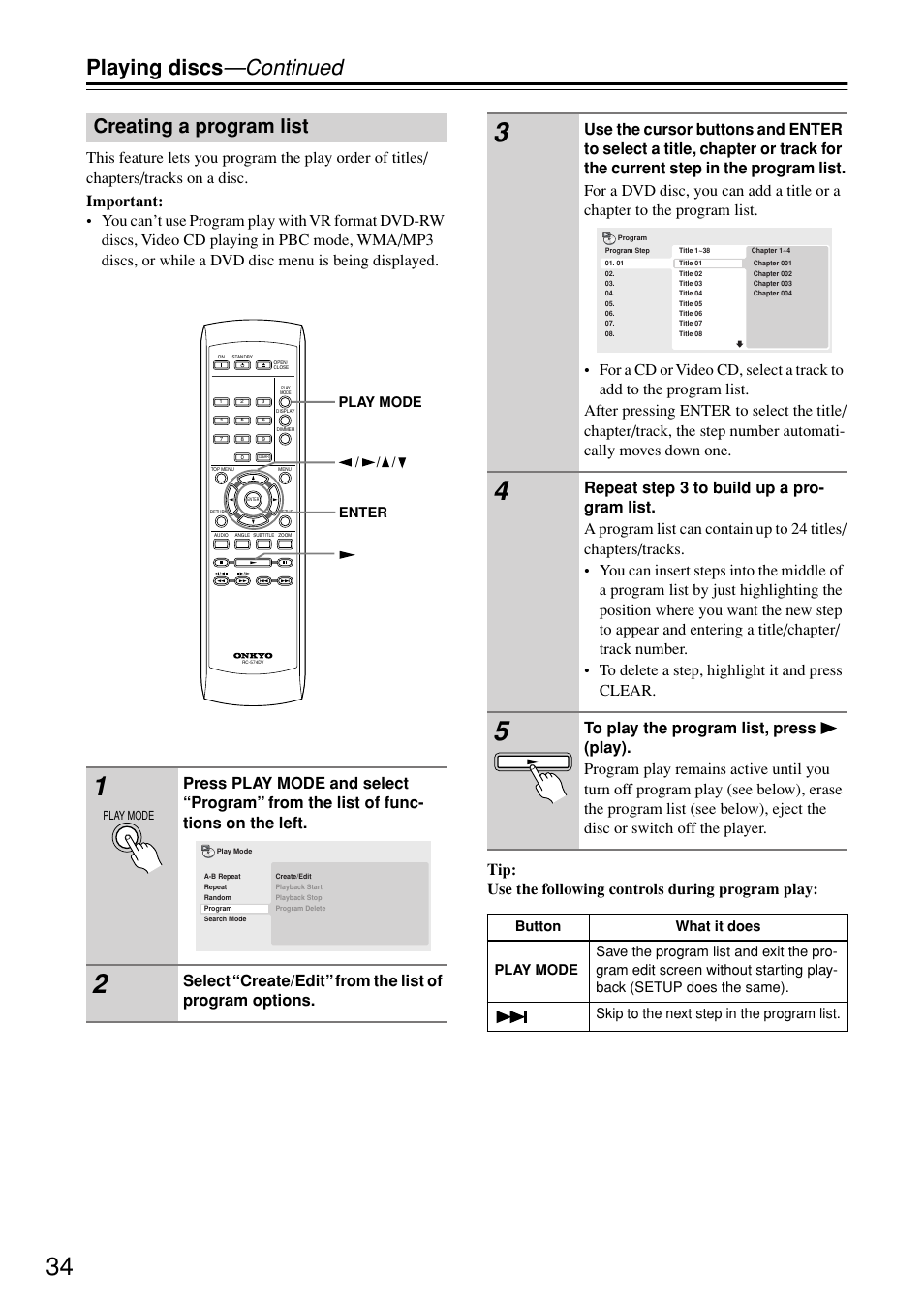 Creating a program list, Utton [34, Clear [34 | Playing discs —continued, Play mode enter | Onkyo DV-SP402E User Manual | Page 34 / 56