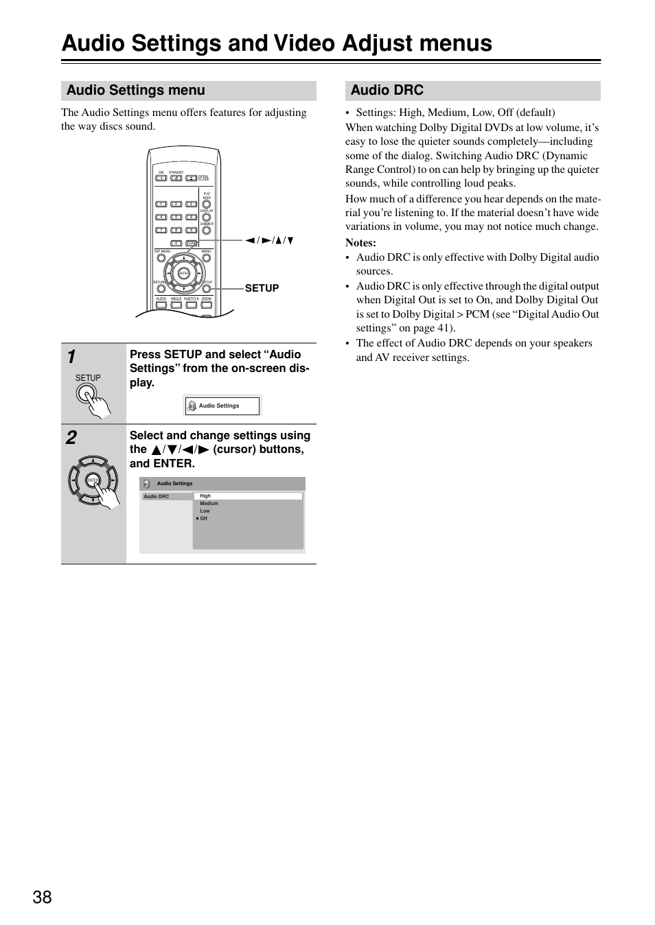 Audio settings and video adjust menus, Audio settings menu, Audio drc | Audio settings and video adjust, Menus, Detailed settings, Audio settings menu audio drc | Onkyo DV-SP402E User Manual | Page 38 / 56