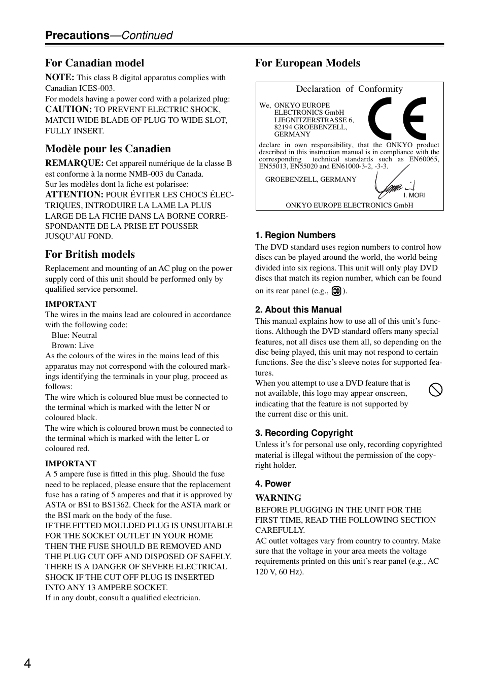 Precautions —continued for canadian model, Modèle pour les canadien, For british models | For european models | Onkyo DV-SP402E User Manual | Page 4 / 56