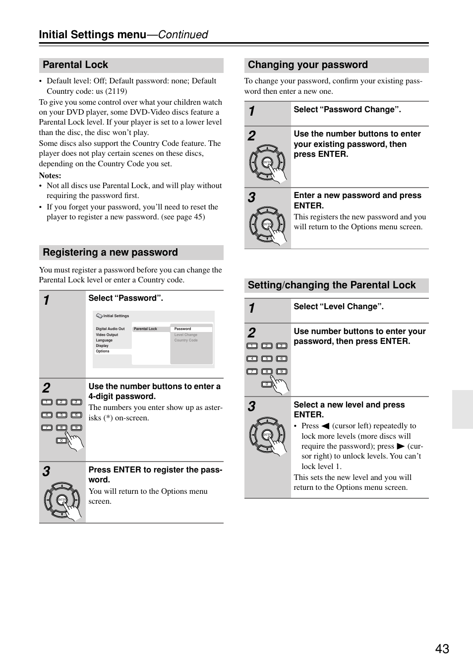 Parental lock, Registering a new password, Changing your password | Setting/changing the parental lock, Initial settings menu —continued, Parental lock registering a new password | Onkyo DV-SP402E User Manual | Page 43 / 56