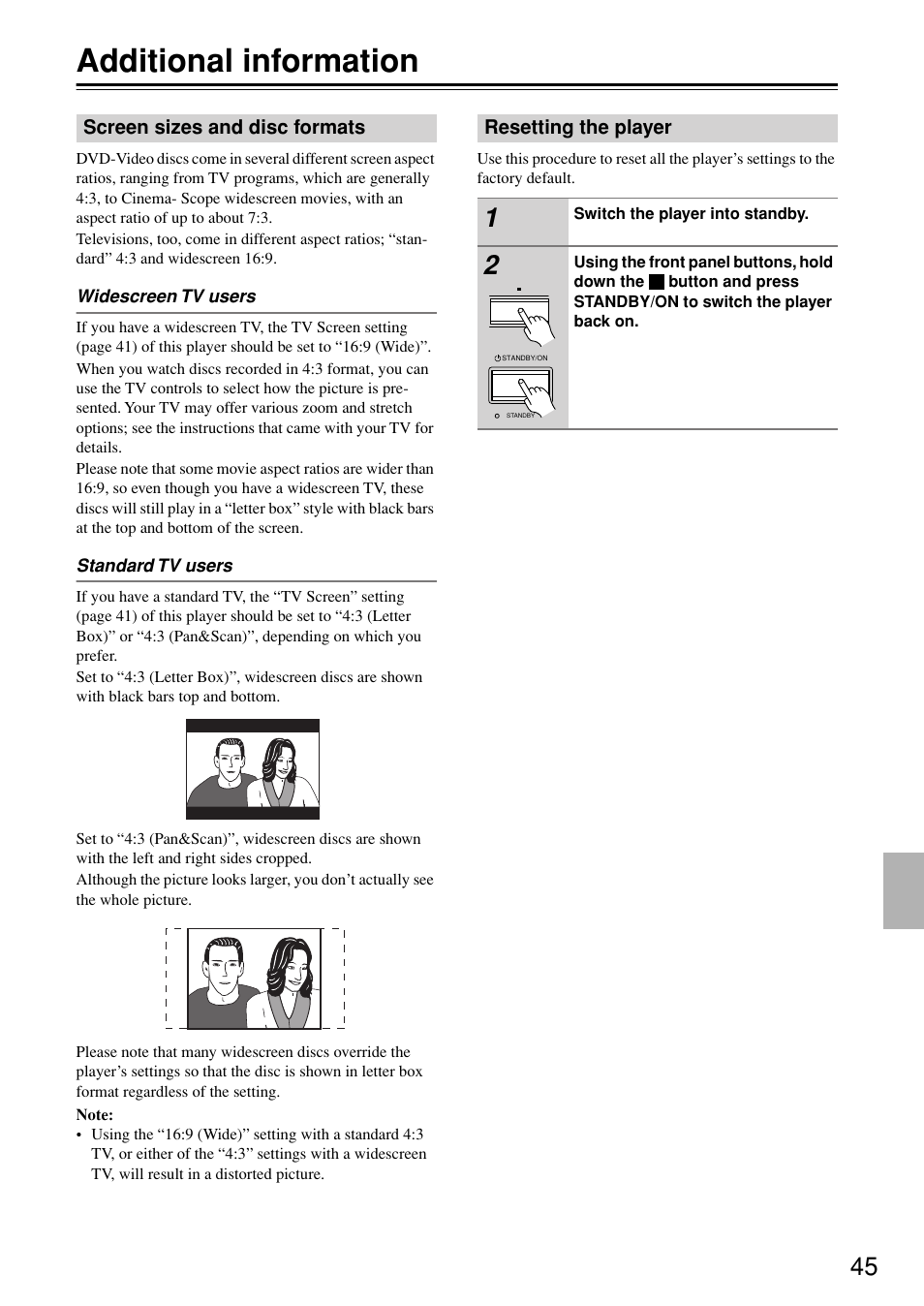 Additional information, Screen sizes and disc formats, Resetting the player | Miscellaneous inf, Screen sizes and disc formats resetting the player | Onkyo DV-SP402E User Manual | Page 45 / 56