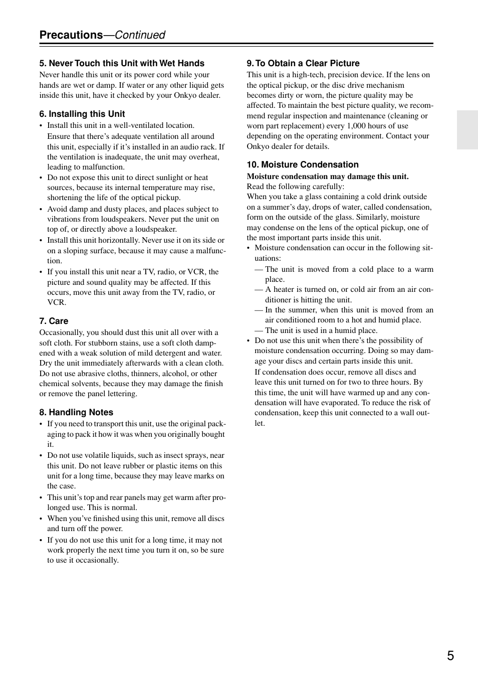 Precautions —continued | Onkyo DV-SP402E User Manual | Page 5 / 56