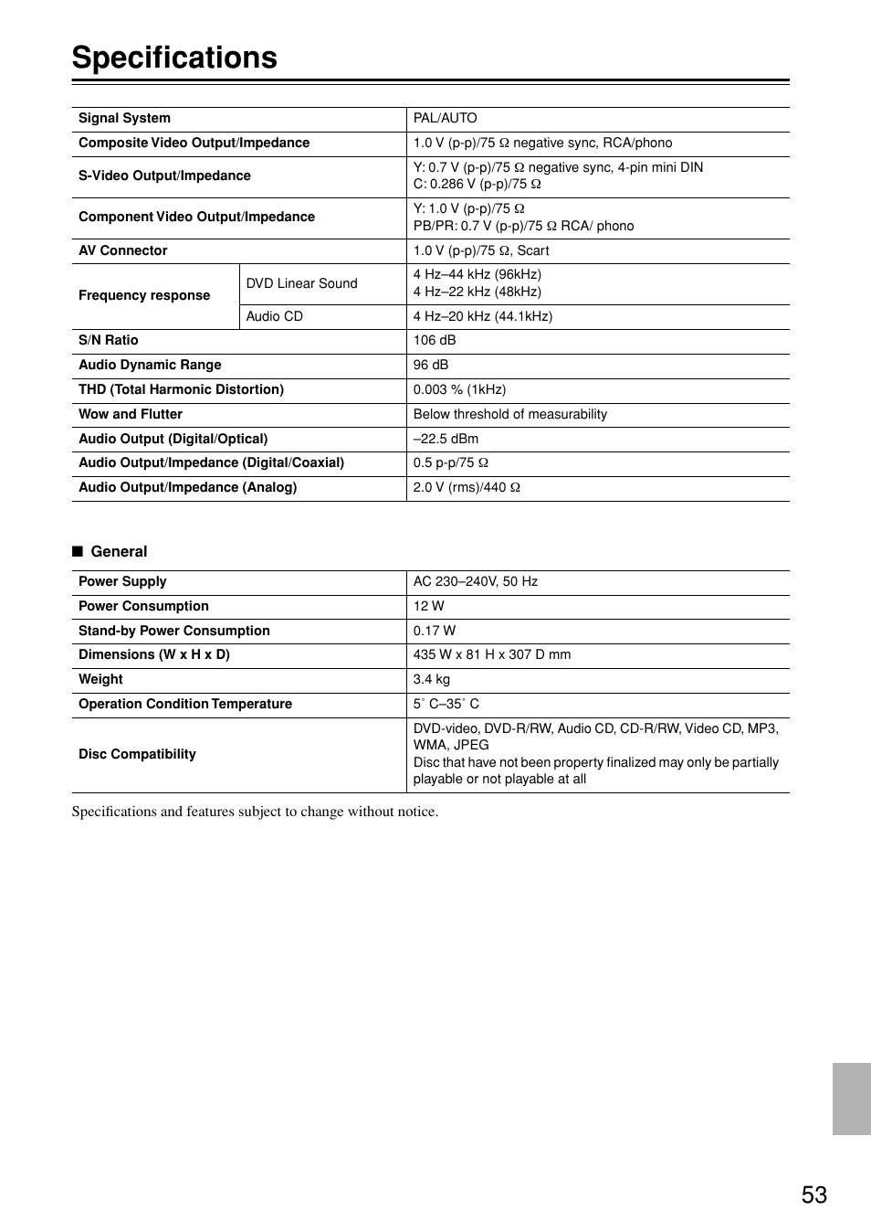 Specifications | Onkyo DV-SP402E User Manual | Page 53 / 56