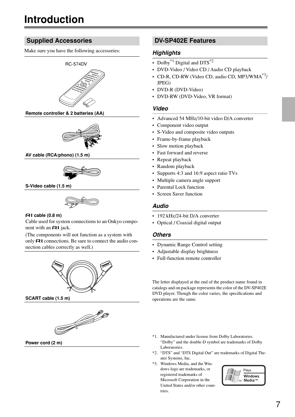 Introduction, Supplied accessories, Dvsp402e features | Supplied accessories dv-sp402e features, Dv-sp402e features | Onkyo DV-SP402E User Manual | Page 7 / 56