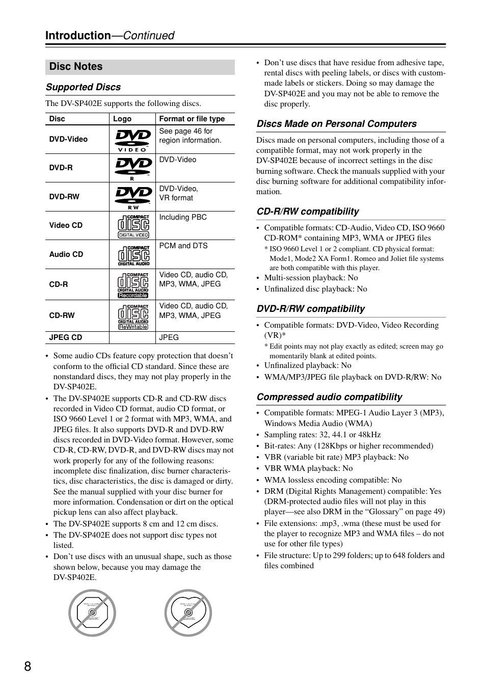 Disc notes, Introduction —continued | Onkyo DV-SP402E User Manual | Page 8 / 56