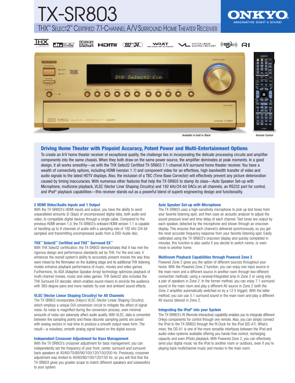 Onkyo TX SR803 User Manual | 2 pages