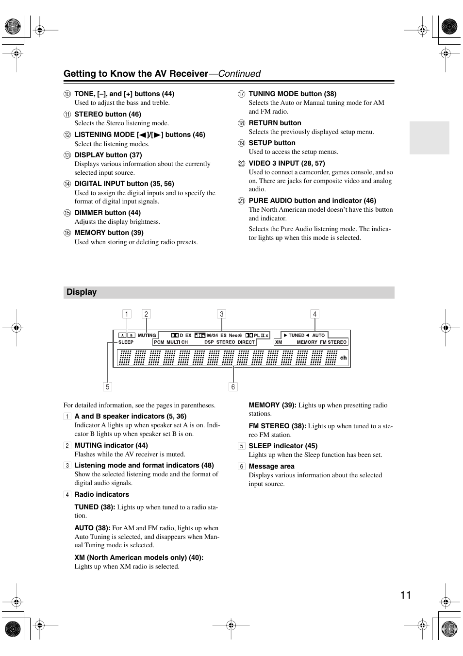 Display, Getting to know the av receiver —continued | Onkyo SKF-540F User Manual | Page 11 / 80