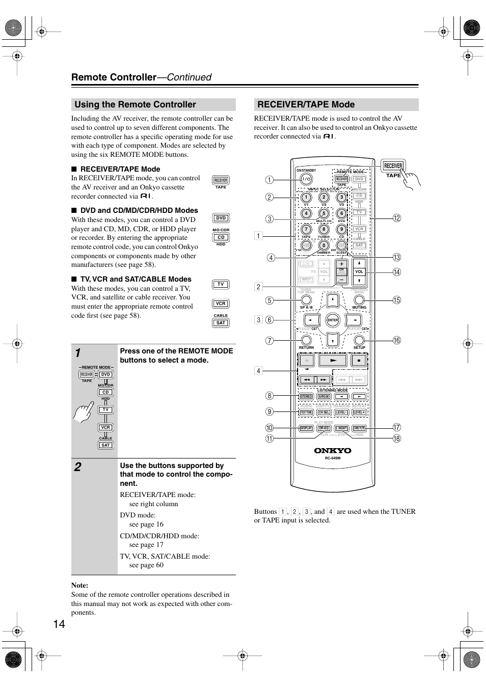 Using the remote controller, Receiver/tape mode, Remote controller —continued | M2 2 4 3 k | Onkyo SKF-540F User Manual | Page 14 / 80