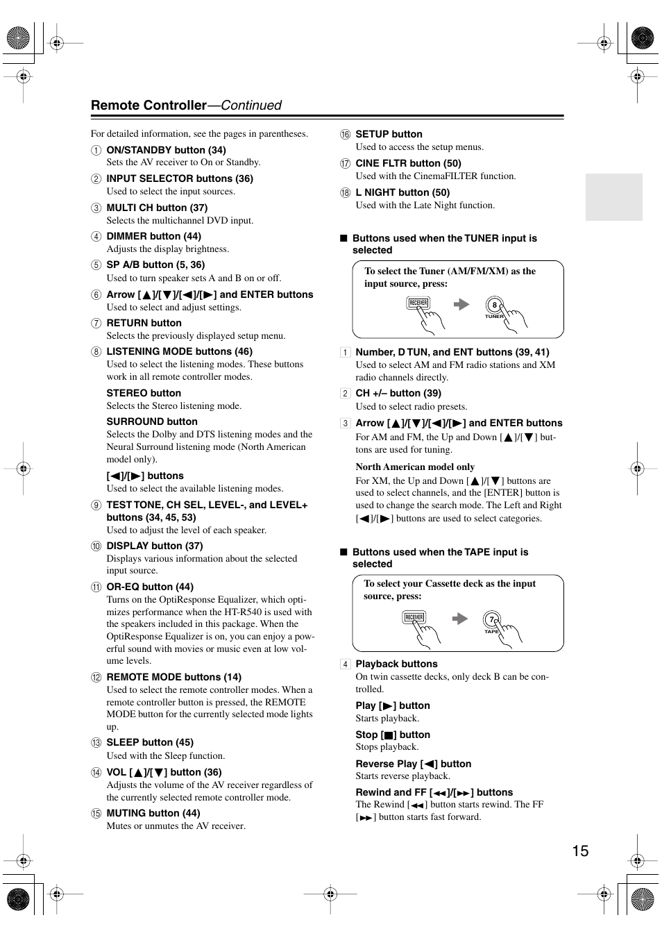 Remote controller —continued | Onkyo SKF-540F User Manual | Page 15 / 80