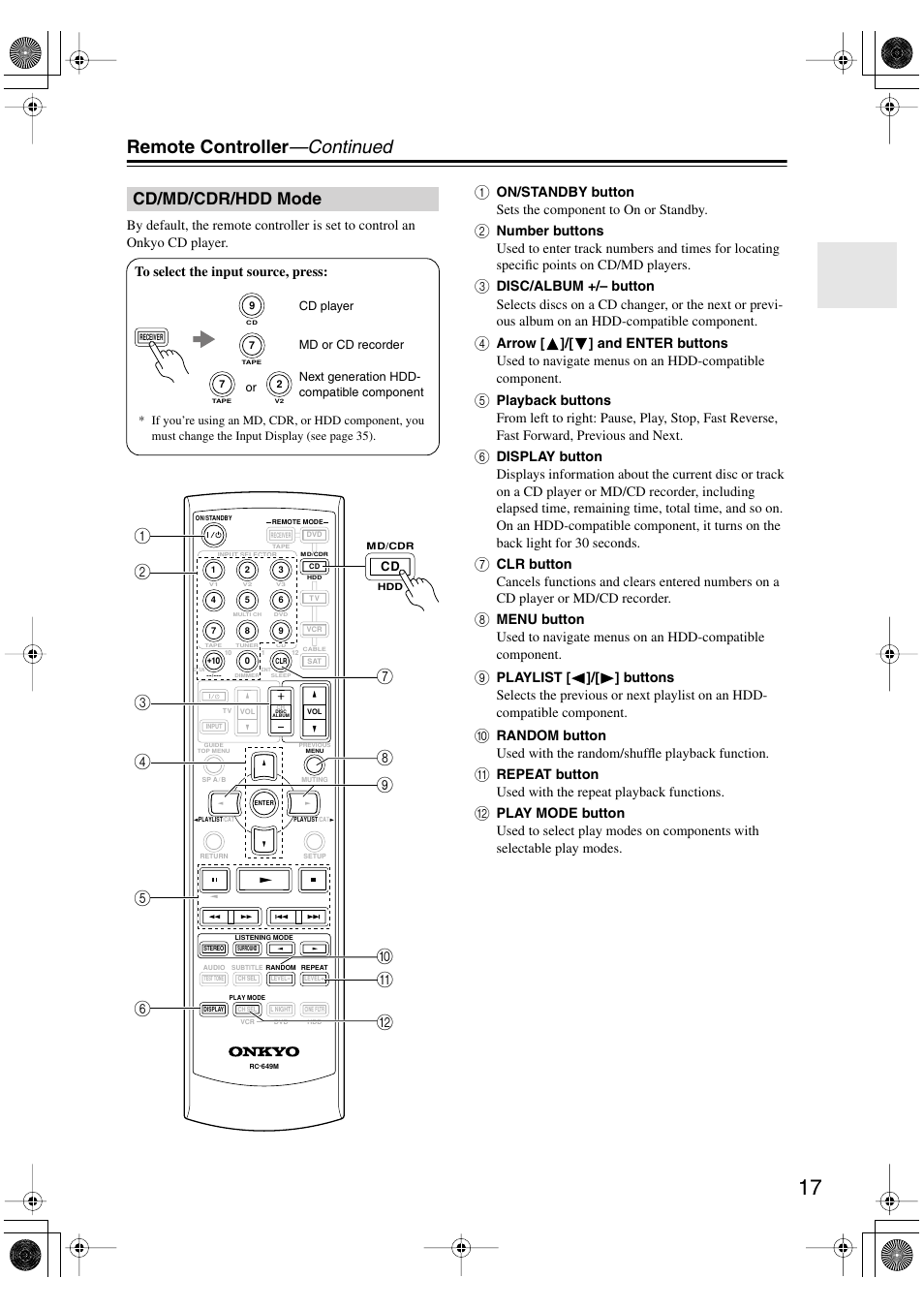 Cd/md/cdr/hdd mode, Remote controller —continued | Onkyo SKF-540F User Manual | Page 17 / 80