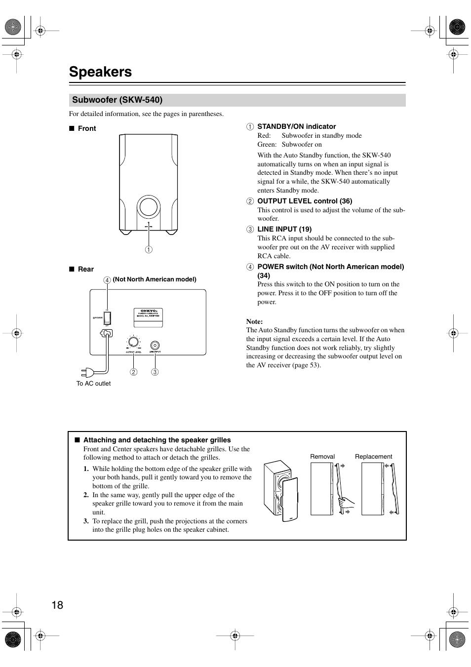 Speakers, Subwoofer (skw-540) | Onkyo SKF-540F User Manual | Page 18 / 80