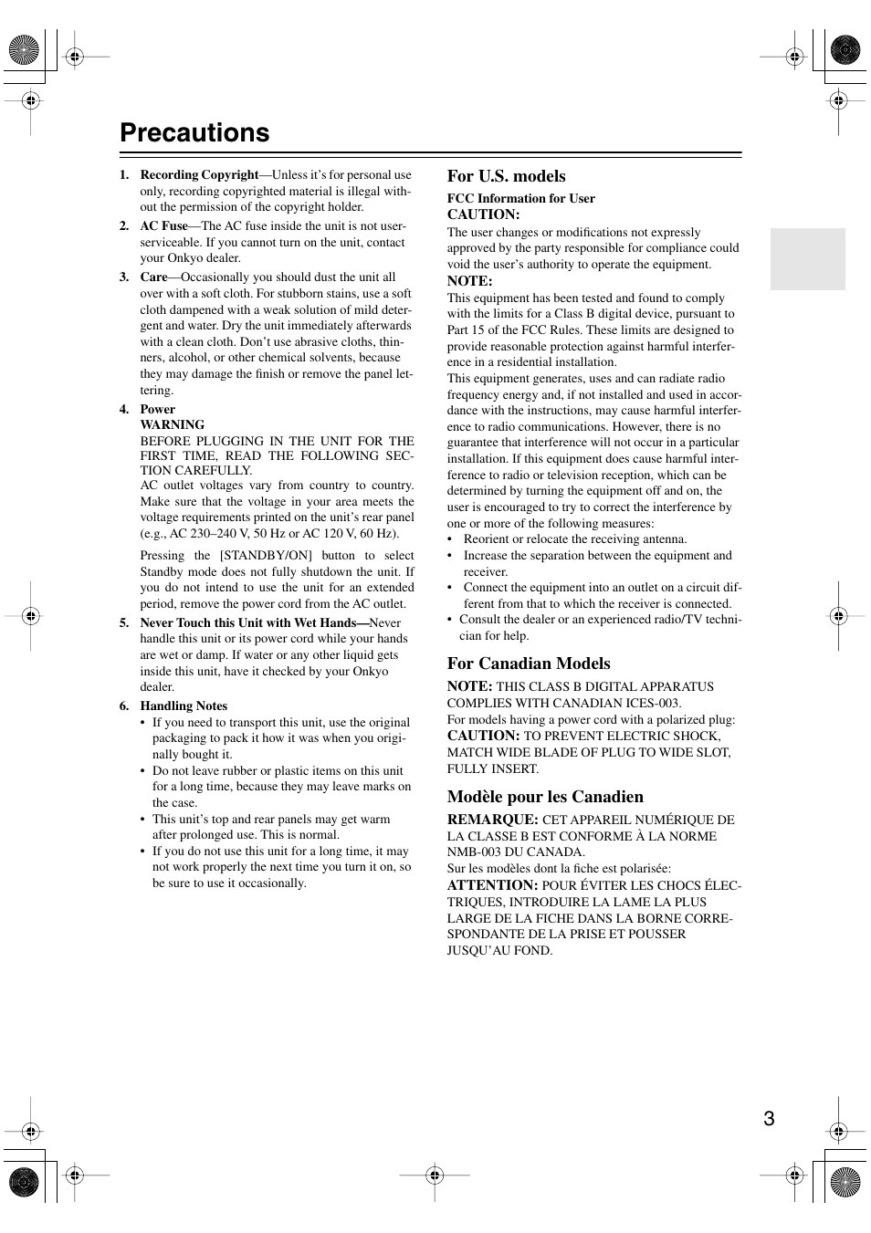 Precautions, For u.s. models, For canadian models | Modèle pour les canadien | Onkyo SKF-540F User Manual | Page 3 / 80