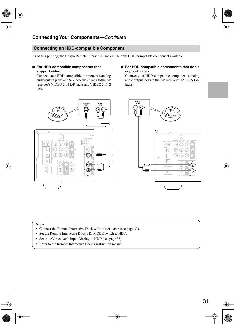 Connecting an hdd-compatible component, Hdd-compatible component, Connecting your components —continued | Onkyo SKF-540F User Manual | Page 31 / 80