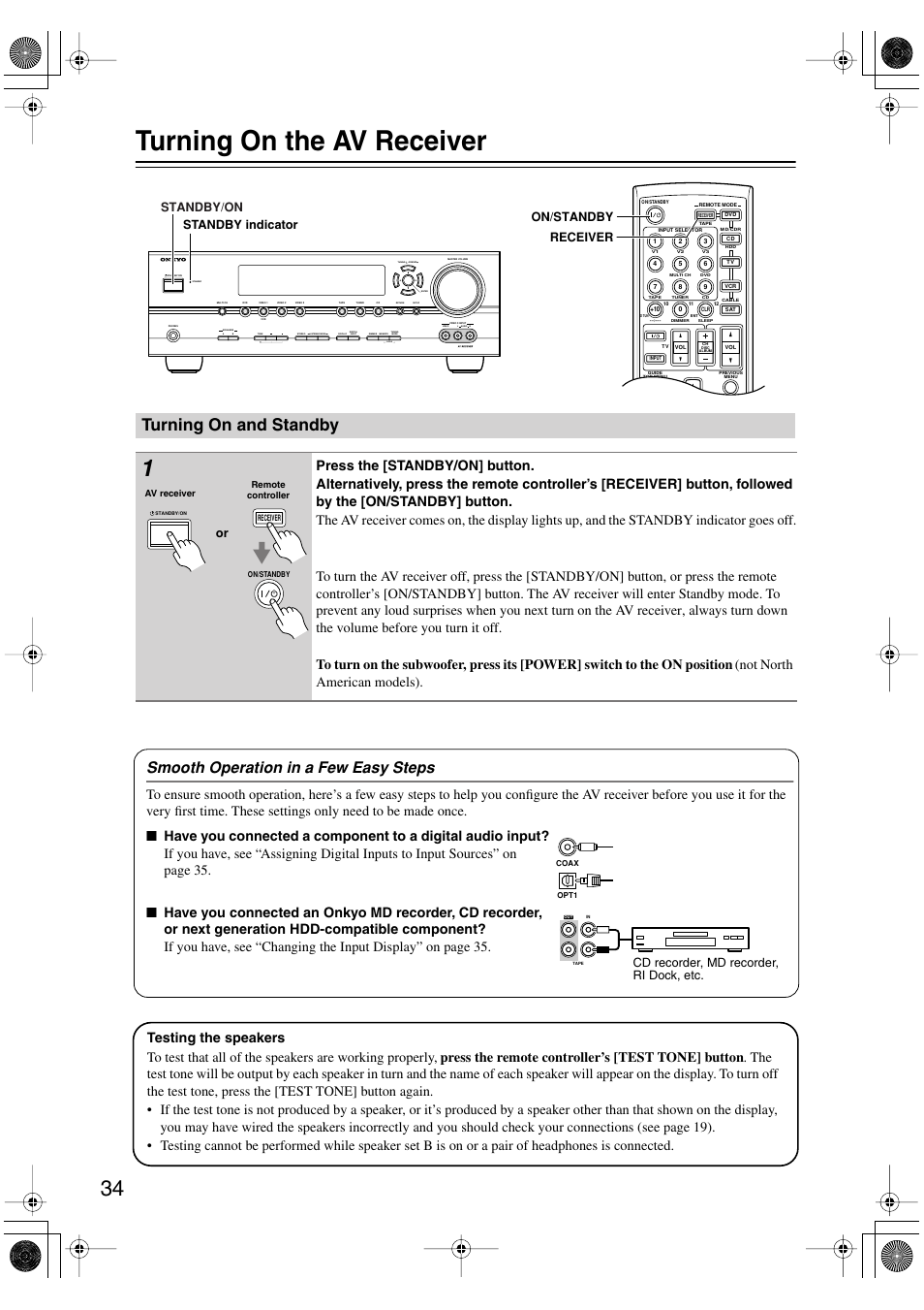 Turning on the av receiver, Turning on and standby, Turning on & first time setup | Utton (34), Andby indicator (34), Uttons (34, Smooth operation in a few easy steps, Clear, Standby/on, Receiver on/standby standby indicator | Onkyo SKF-540F User Manual | Page 34 / 80