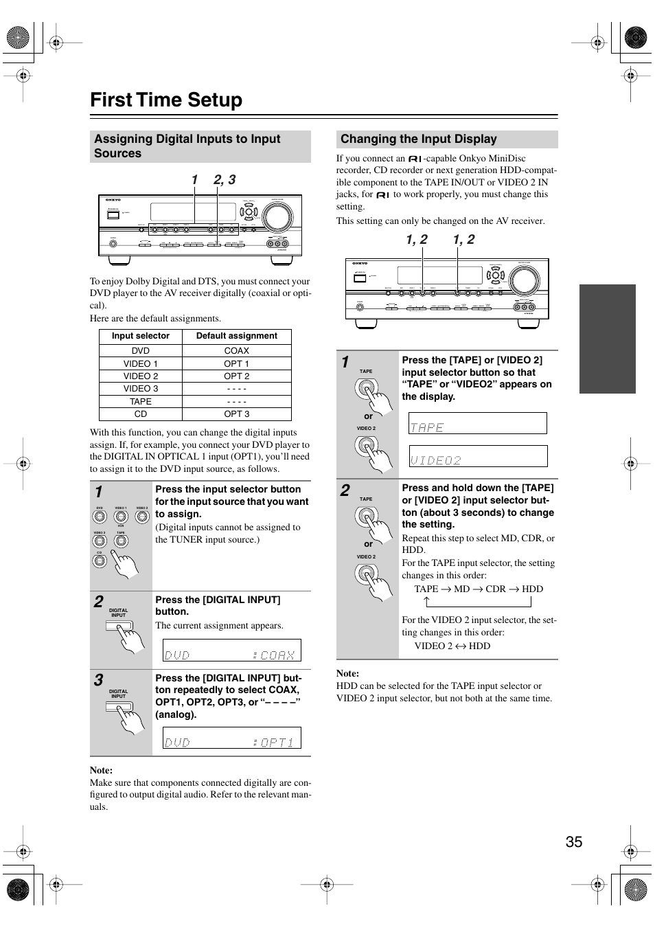 First time setup, Assigning digital inputs to input sources, Changing the input display | Utton (35 | Onkyo SKF-540F User Manual | Page 35 / 80